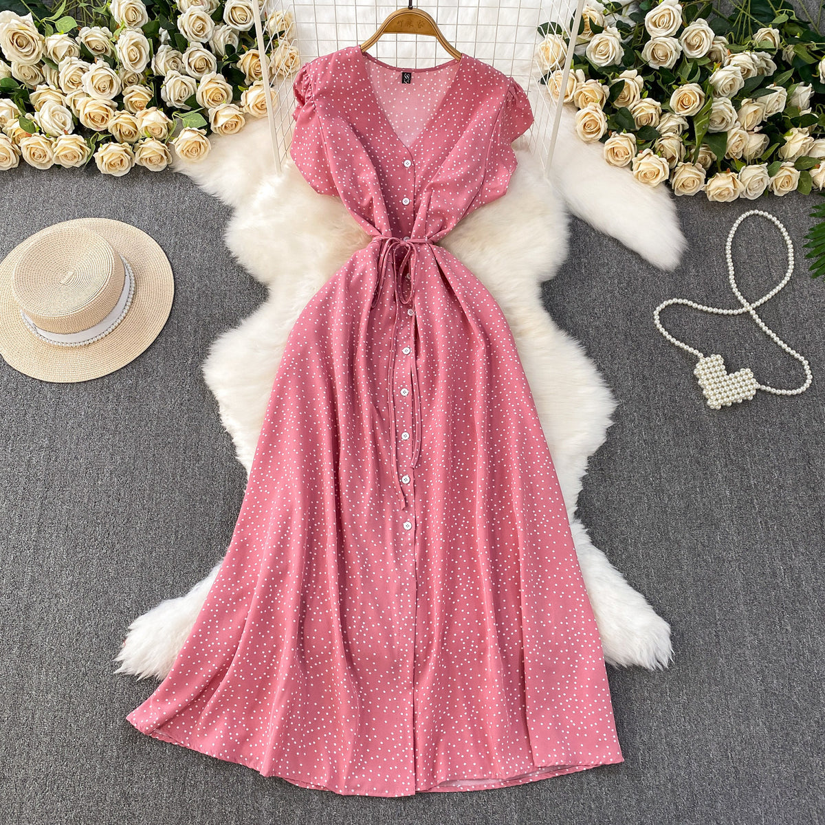 Womens Solid-Color Polka-Dot V-Neck Short-Sleeve Dress