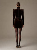 Dark Brown Velvet Turtleneck Ruched Mini Cocktail Dress