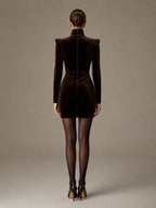 Dark Brown Velvet Turtleneck Ruched Mini Cocktail Dress