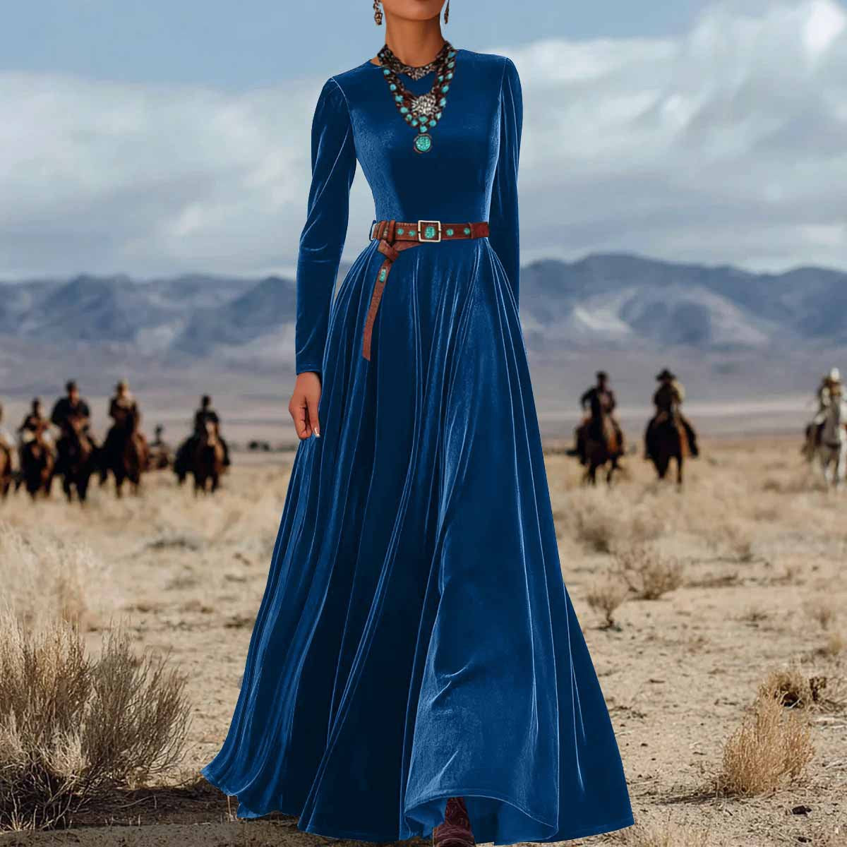 Women's Solid Color Elegant AutumnWinter Long-Sleeve Velvet Dress