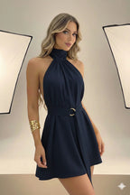 Women's Halter Neck Solid Color Waist-Cinching Short Dress