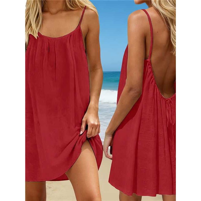 Women's Ice Silk Crinkled Solid Color Ruched Backless Slip Mini Dress, Beach Vacation Dress