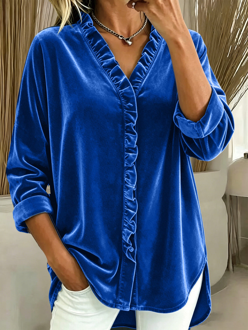 2026 New Arrival Women Korean Velvet Knit Top Solid Color V Neck Ruffle Long Sleeve Blouse For European & American Market