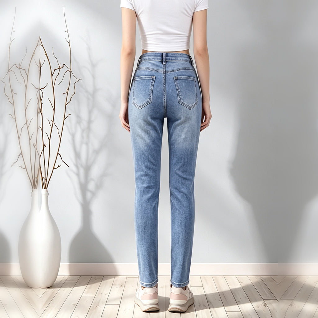 Women High Waist Slim Skinny Jeans, Classic Blue Washed Stretch Denim Pants With Pockets