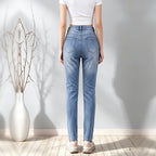 Women High Waist Slim Skinny Jeans, Classic Blue Washed Stretch Denim Pants With Pockets
