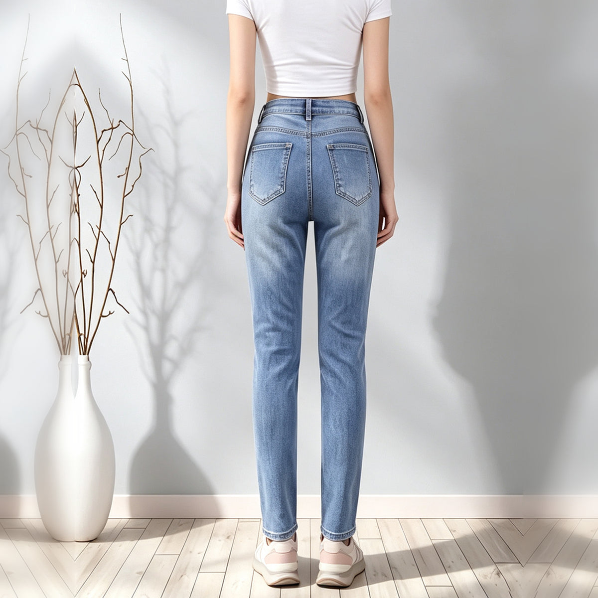 Women High Waist Slim Skinny Jeans, Classic Blue Washed Stretch Denim Pants With Pockets