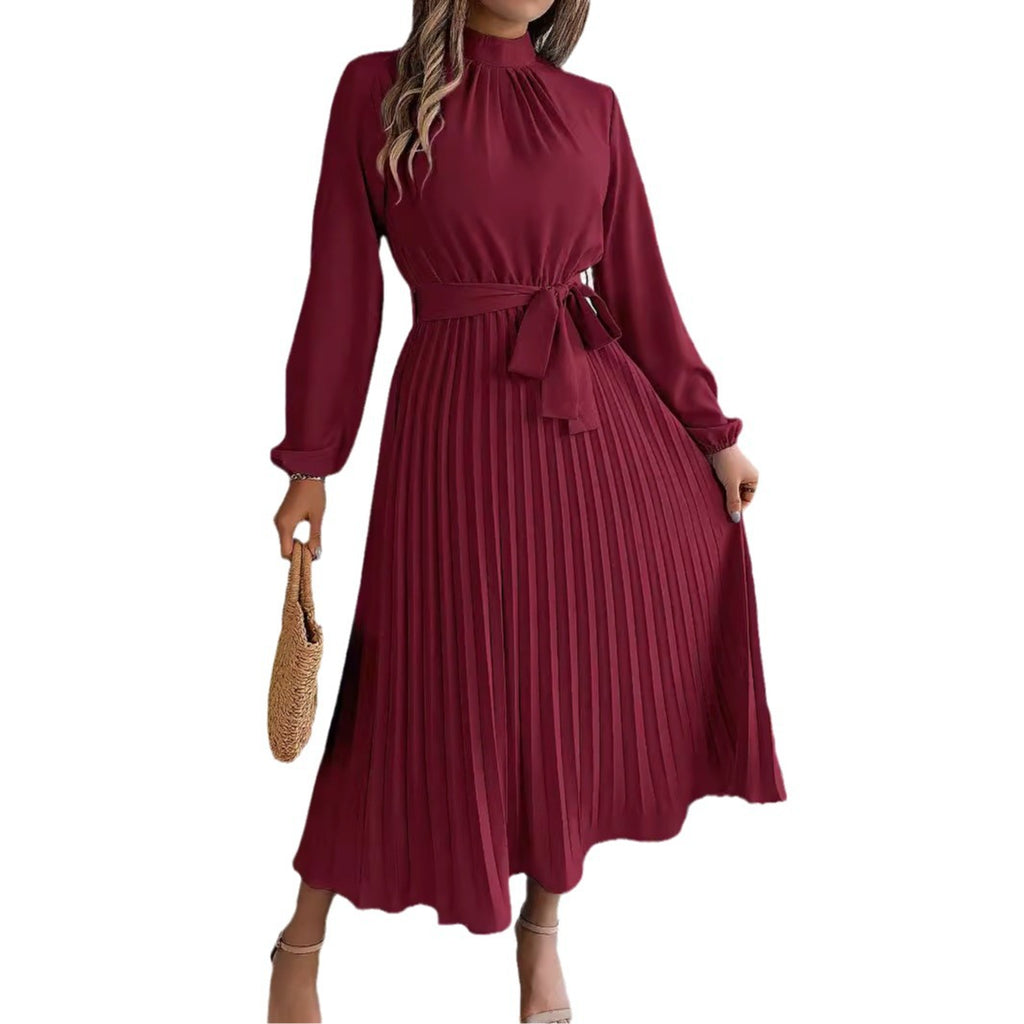 2026 European And American Women's Autumn And Winter Elegant Standing Collar Long Sleeved Waist Cinched Pleated Long Skirt Small Dress