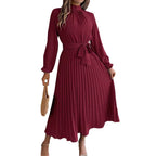2026 European And American Women's Autumn And Winter Elegant Standing Collar Long Sleeved Waist Cinched Pleated Long Skirt Small Dress
