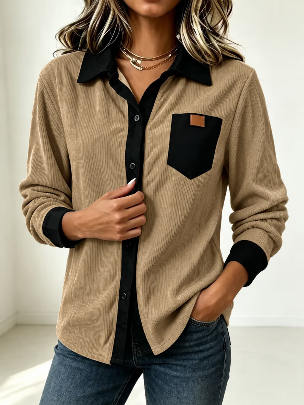 Ribbed Button Long Sleeved Shirt
