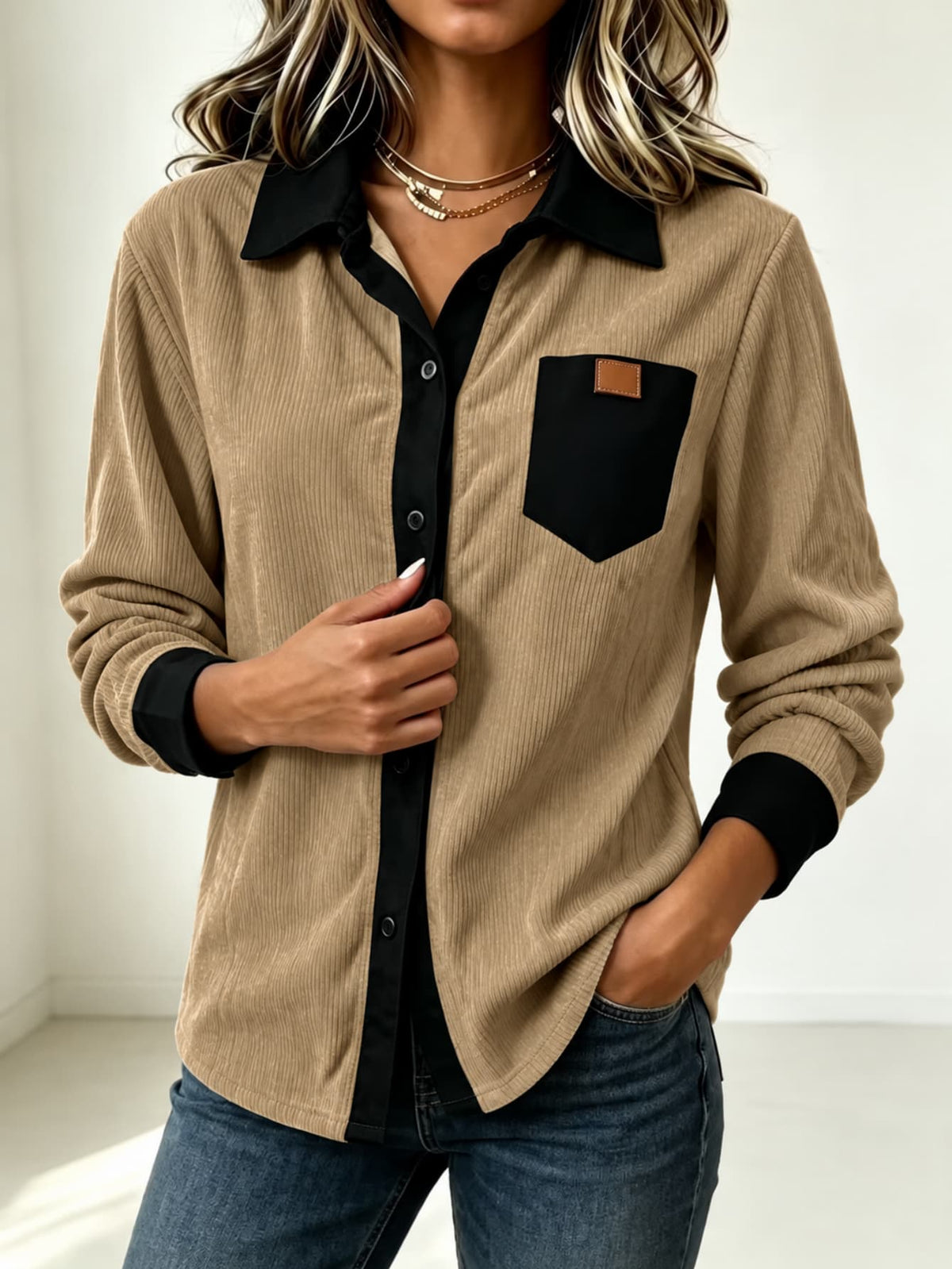 Ribbed Button Long Sleeved Shirt
