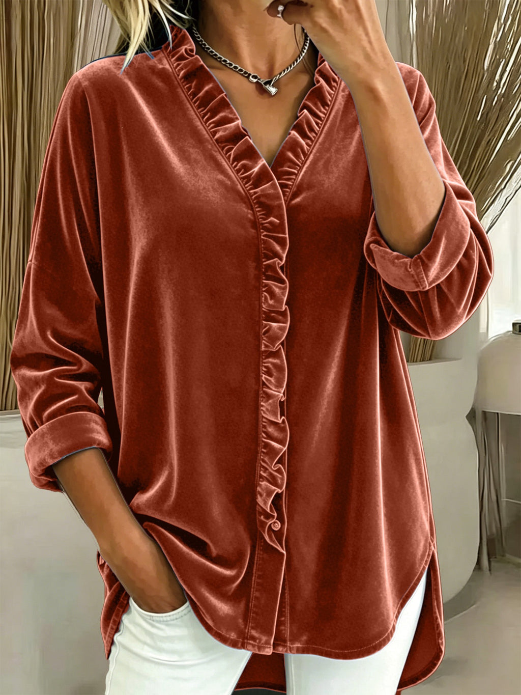 2026 New Arrival Women Korean Velvet Knit Top Solid Color V Neck Ruffle Long Sleeve Blouse For European & American Market
