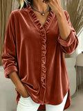 2026 New Arrival Women Korean Velvet Knit Top Solid Color V Neck Ruffle Long Sleeve Blouse For European & American Market