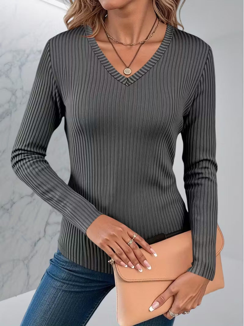 Solid-color Long-sleeved Casual V-neck Elegant Blouse