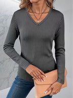 Solid-color Long-sleeved Casual V-neck Elegant Blouse