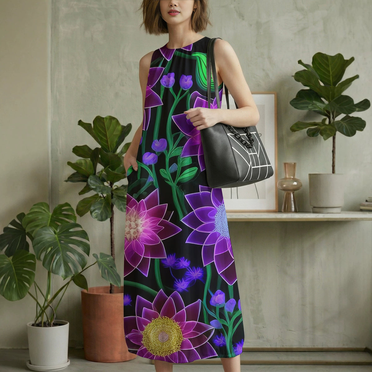 Women's Digital-Print Lantern Long Dress