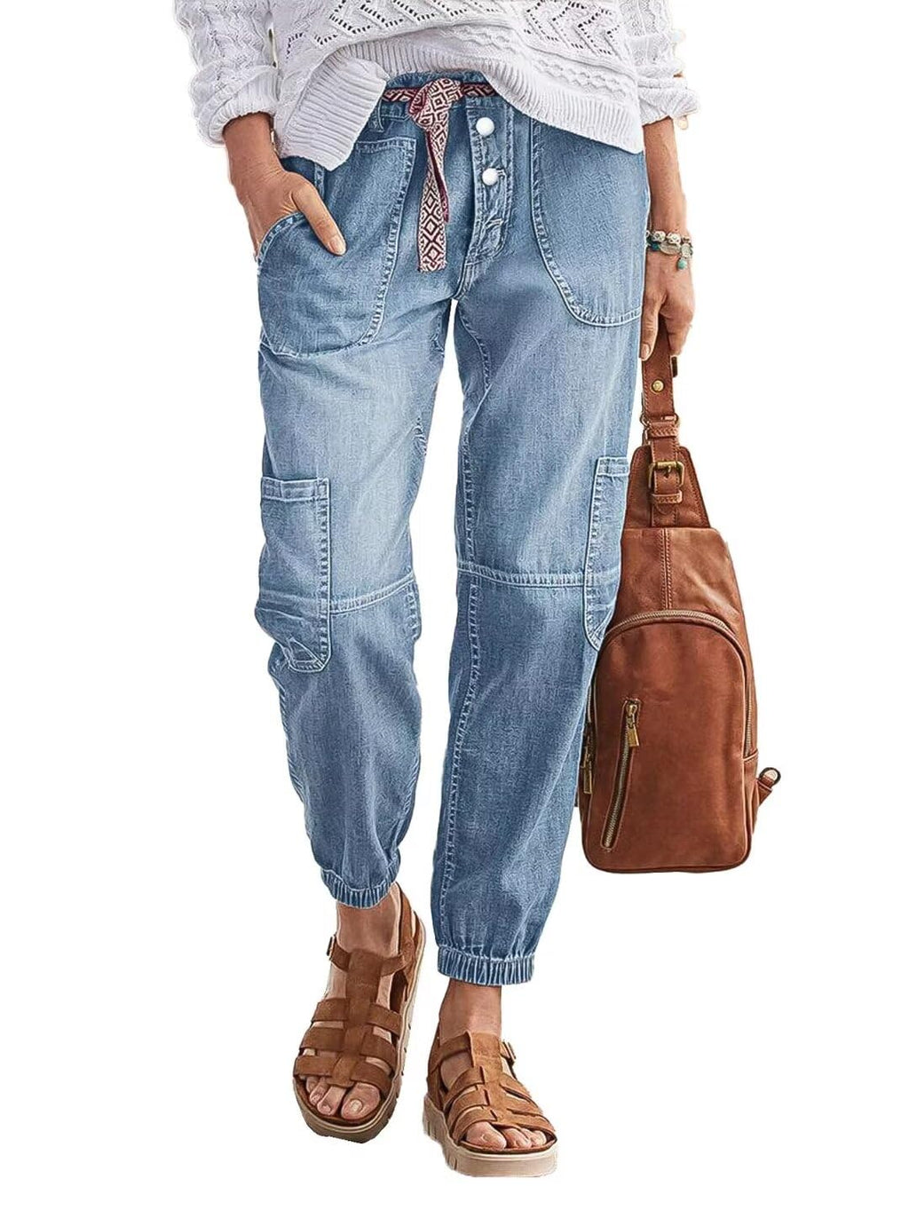 Women Cargo Jeans Light Blue Utility Denim Pants Drawstring Waist Multi Pocket Casual Jogger Jeans Wholesale US Ready Stock