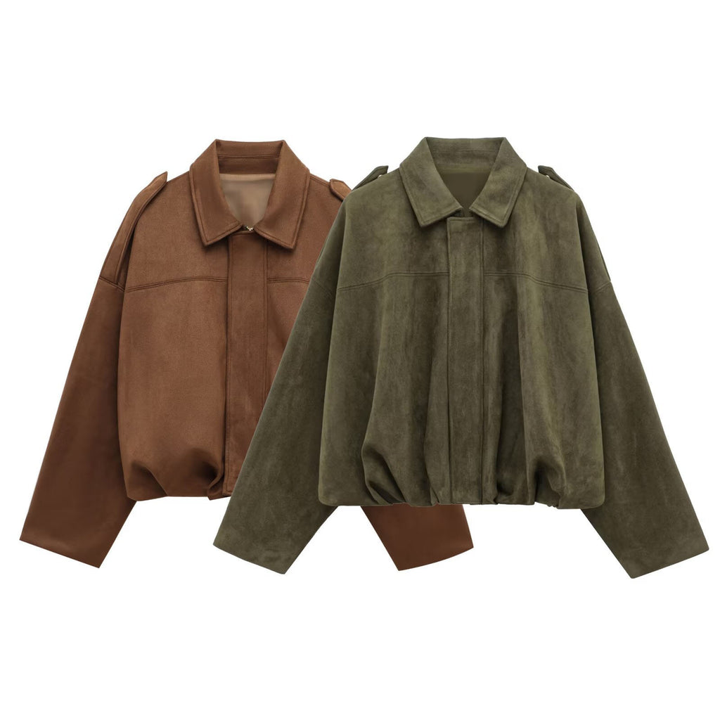 Autumn And Winter European And American Bomber Jacket Bat Sleeve Zipper Loose Suede Texture Tops Women's Casual Tops Women