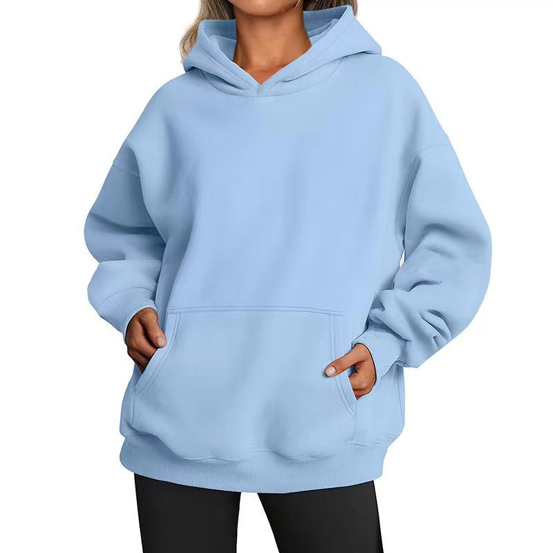 Women's Solid-color Long-sleeved Loose-fitting Hooded Sweatshirt With Pocket