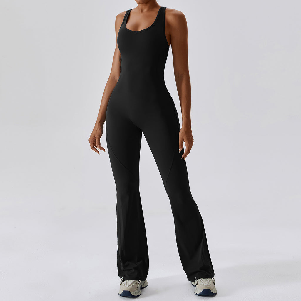 Women Quick Dry One Piece Yoga Jumpsuit High Waist Tummy Control Butt Lifting Flared Leg Bodysuit Gym Dance Workout Outfit