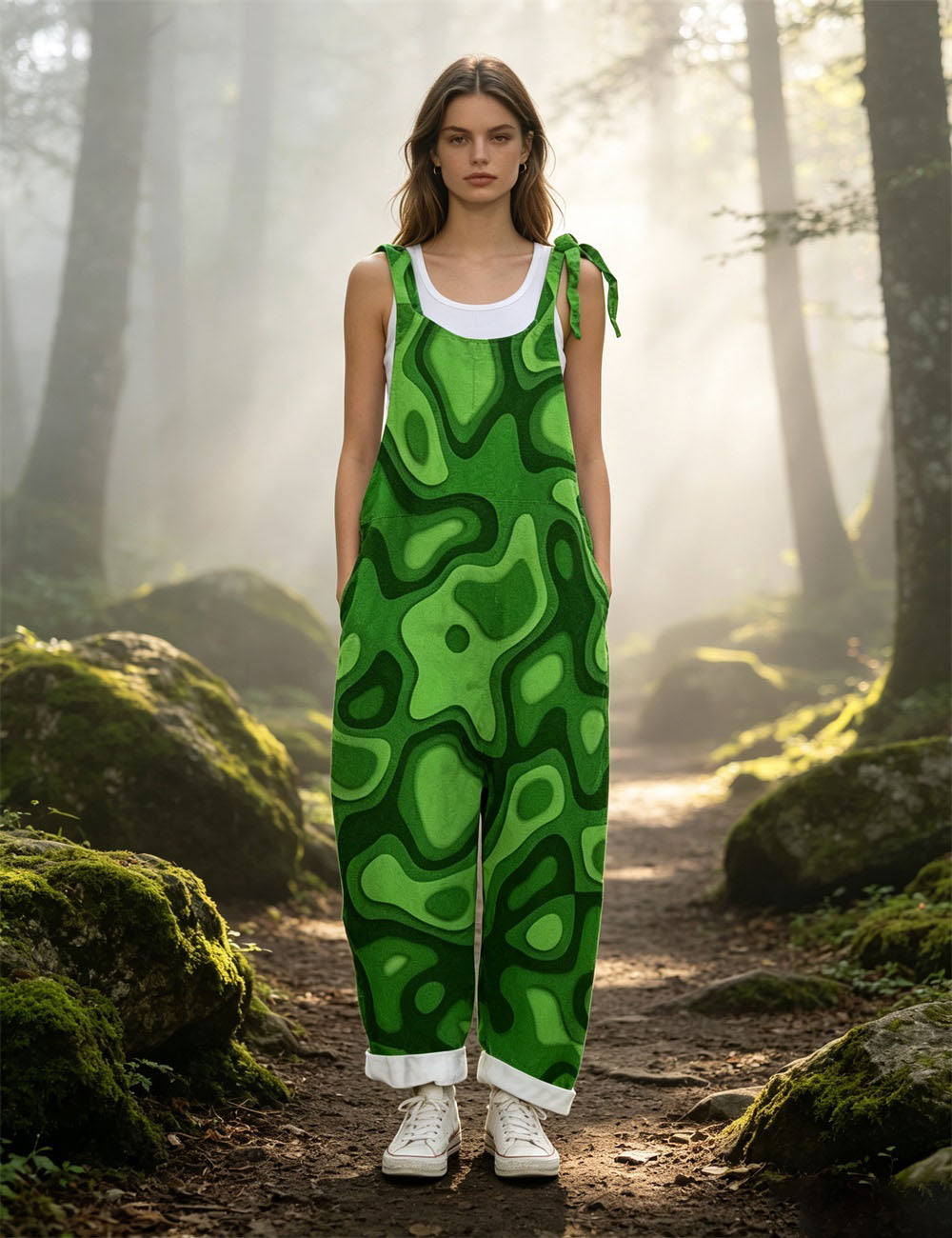 Women Abstract Swirl Print Overalls, Tie Shoulder Wide Leg Bib Pants Casual Summer Jumpsuit