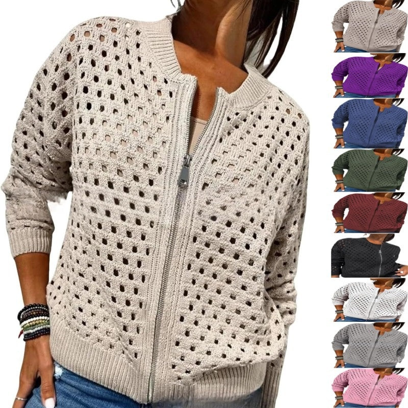 Cream Hollow-Knit Zip Cardigan