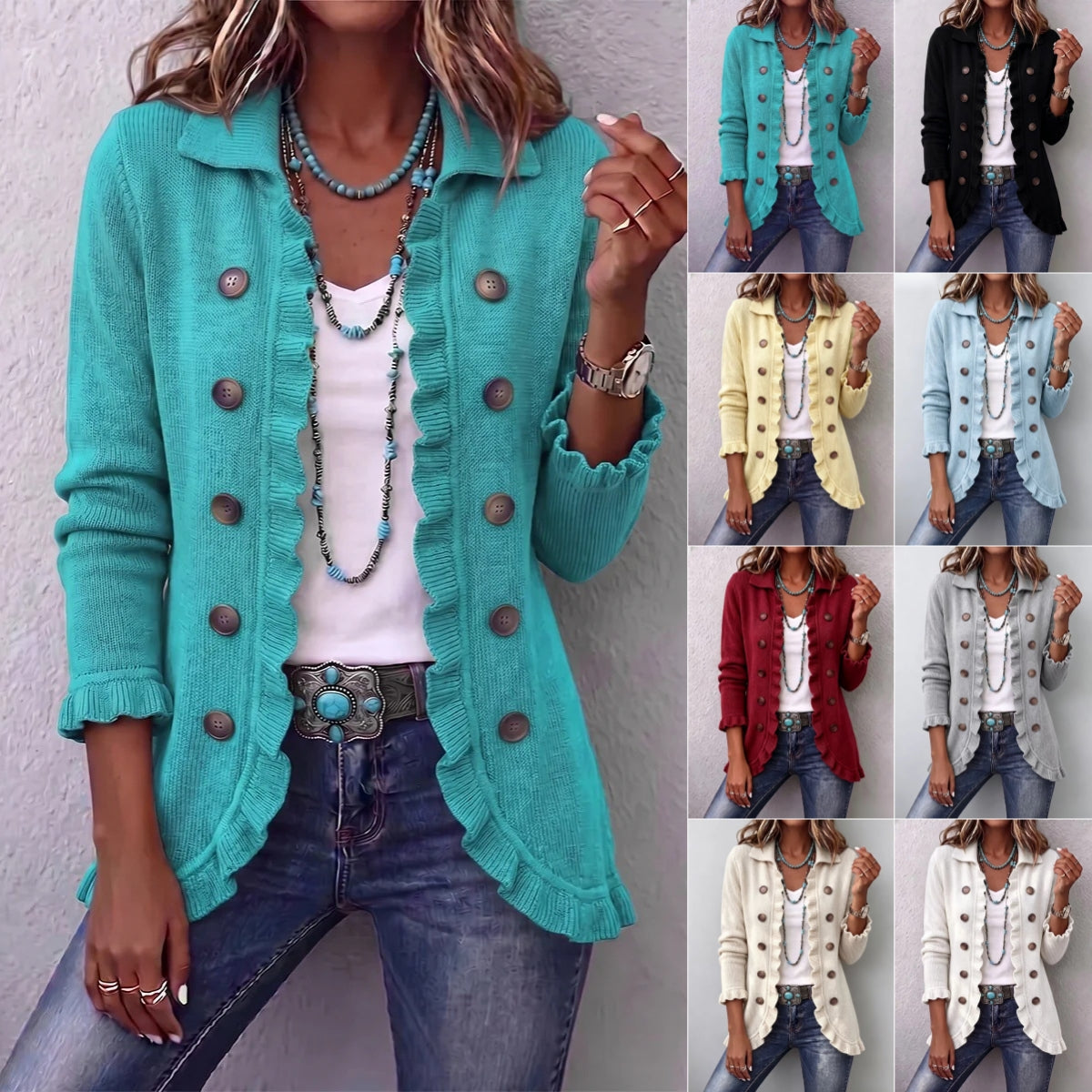 Turquoise Ruffle-Trim Button Cardigan