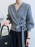 French-style Vintage Collar Lace-up Loose-fitting Knit Cardigan For Outerwear