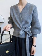 French-style Vintage Collar Lace-up Loose-fitting Knit Cardigan For Outerwear