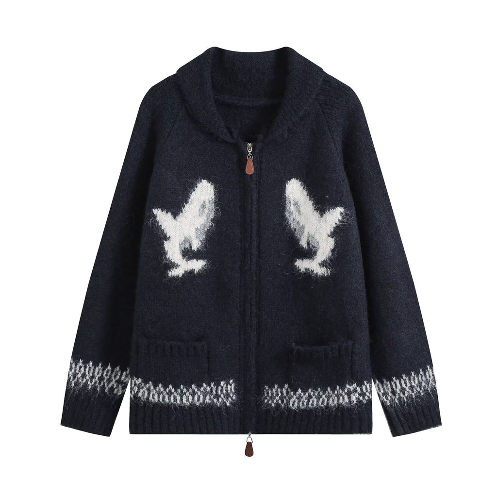 Fashionable Two-Way Zipper Shark Jacquard Embroidered Knit Cardigan