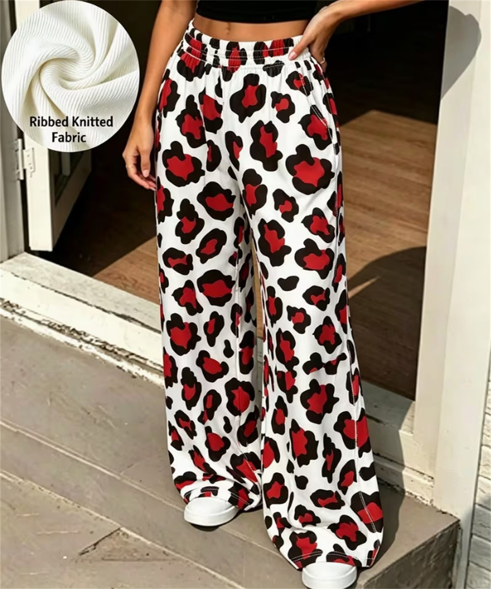 Women Ribbed Knit Wide Leg Pants, Bold Blue Orange Leopard Print High Waist Loose Casual Loungewear Trousers With Pockets
