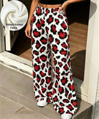 Women Ribbed Knit Wide Leg Pants, Bold Blue Orange Leopard Print High Waist Loose Casual Loungewear Trousers With Pockets