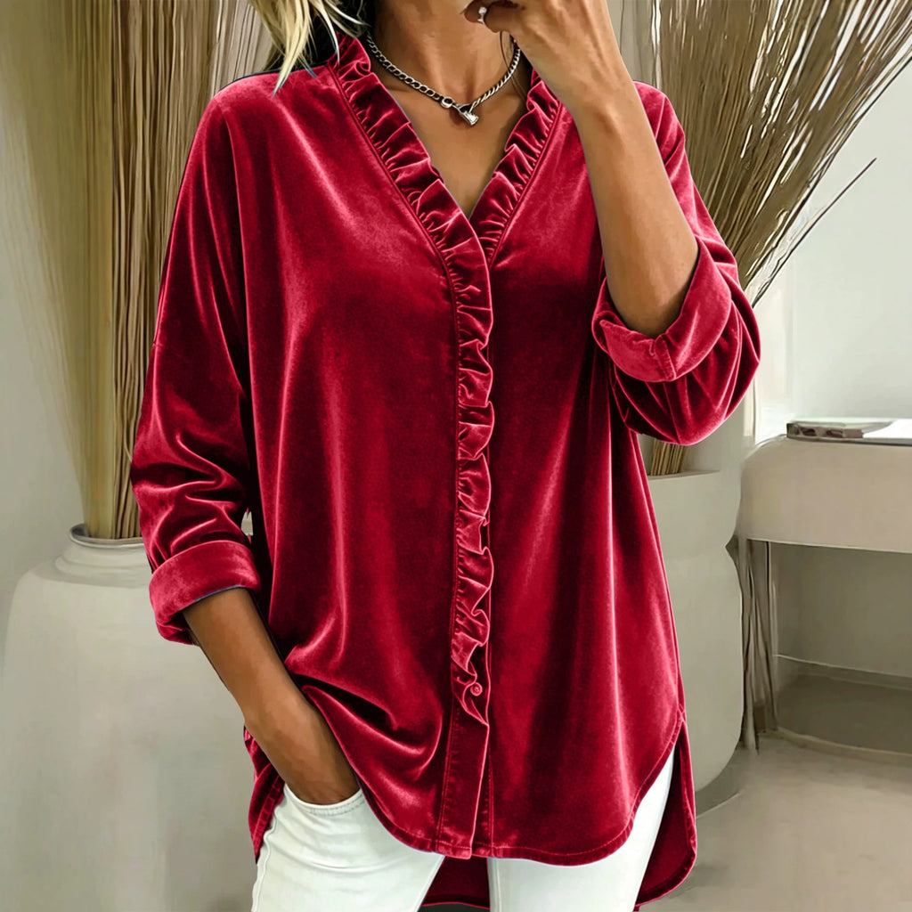 2026 New Arrival Women Korean Velvet Knit Top Solid Color V Neck Ruffle Long Sleeve Blouse For European & American Market