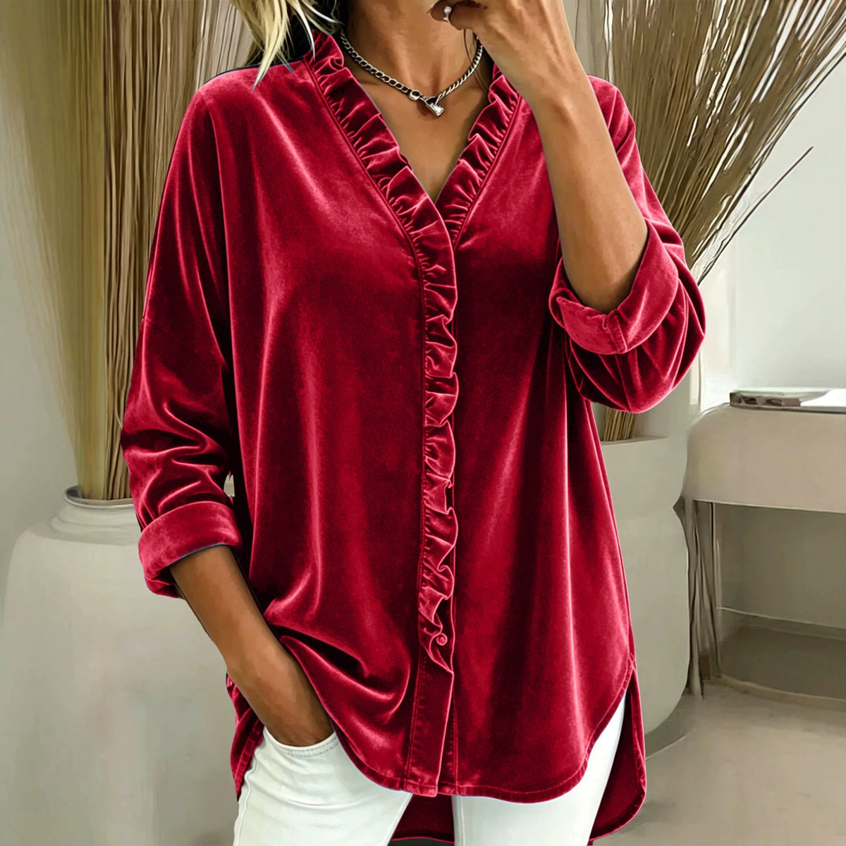 2026 New Arrival Women Korean Velvet Knit Top Solid Color V Neck Ruffle Long Sleeve Blouse For European & American Market