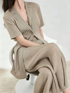 Women Pleated Cardigan Set Minimalist Casual Two Piece Outfit Long Sleeve Jacket And Pants Suit