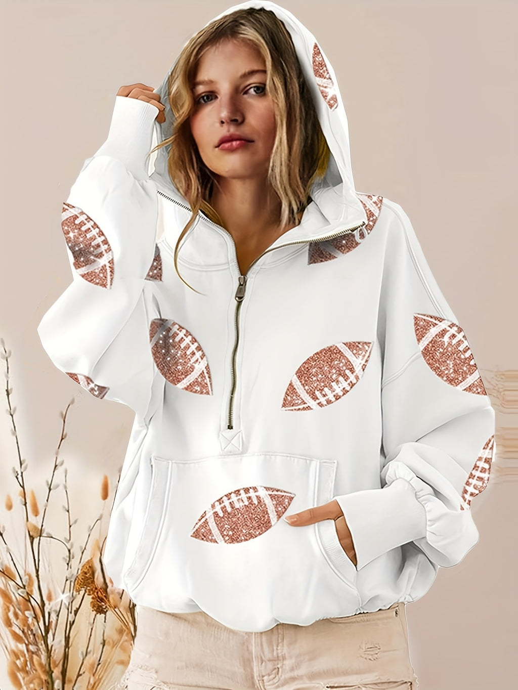 Women Half Zip Hoodie, Glitter Football Print Oversized Hooded Sweatshirt With Kangaroo Pocket