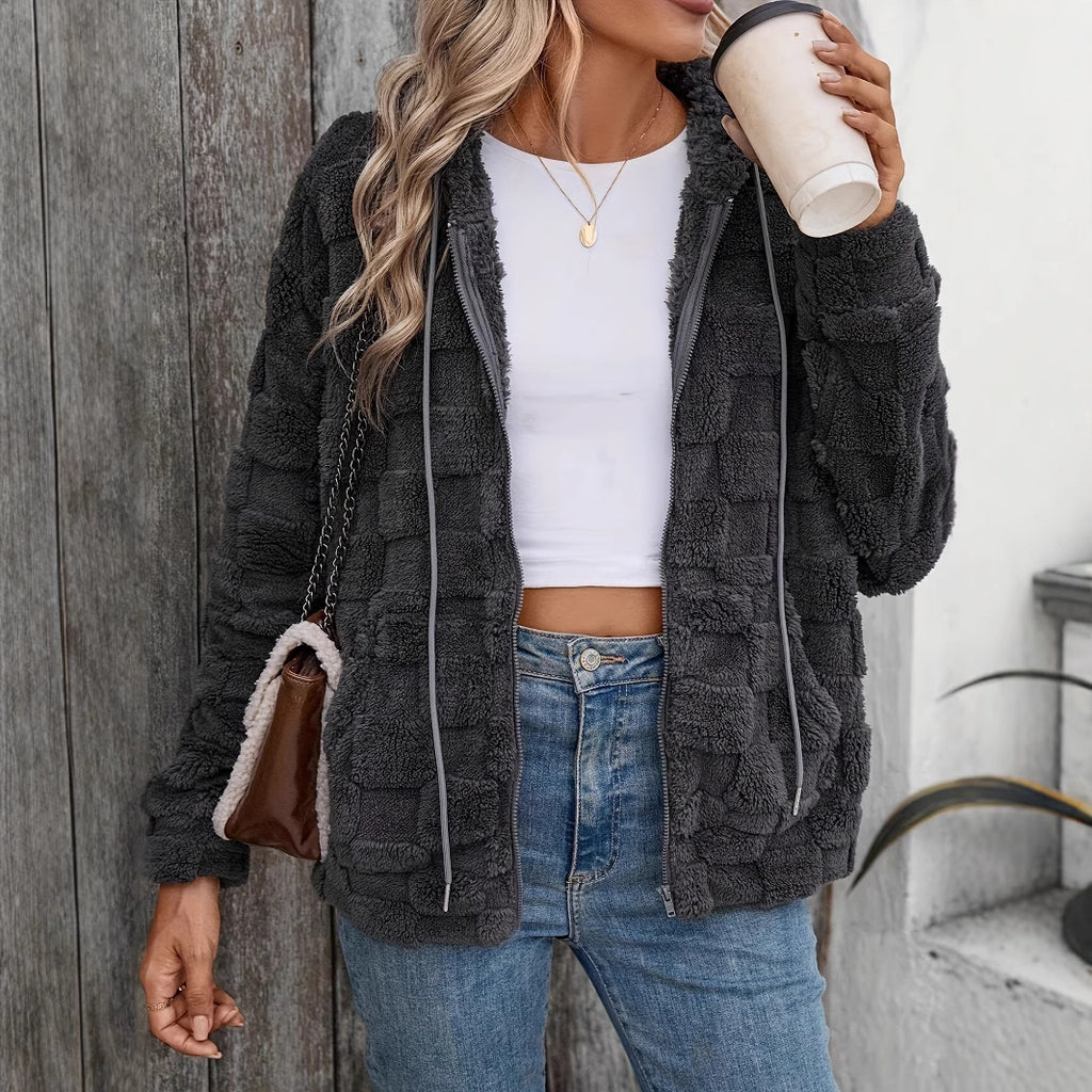 Women's Double-Sided Plush Zip-Up Hooded Cardigan Casual Jacket