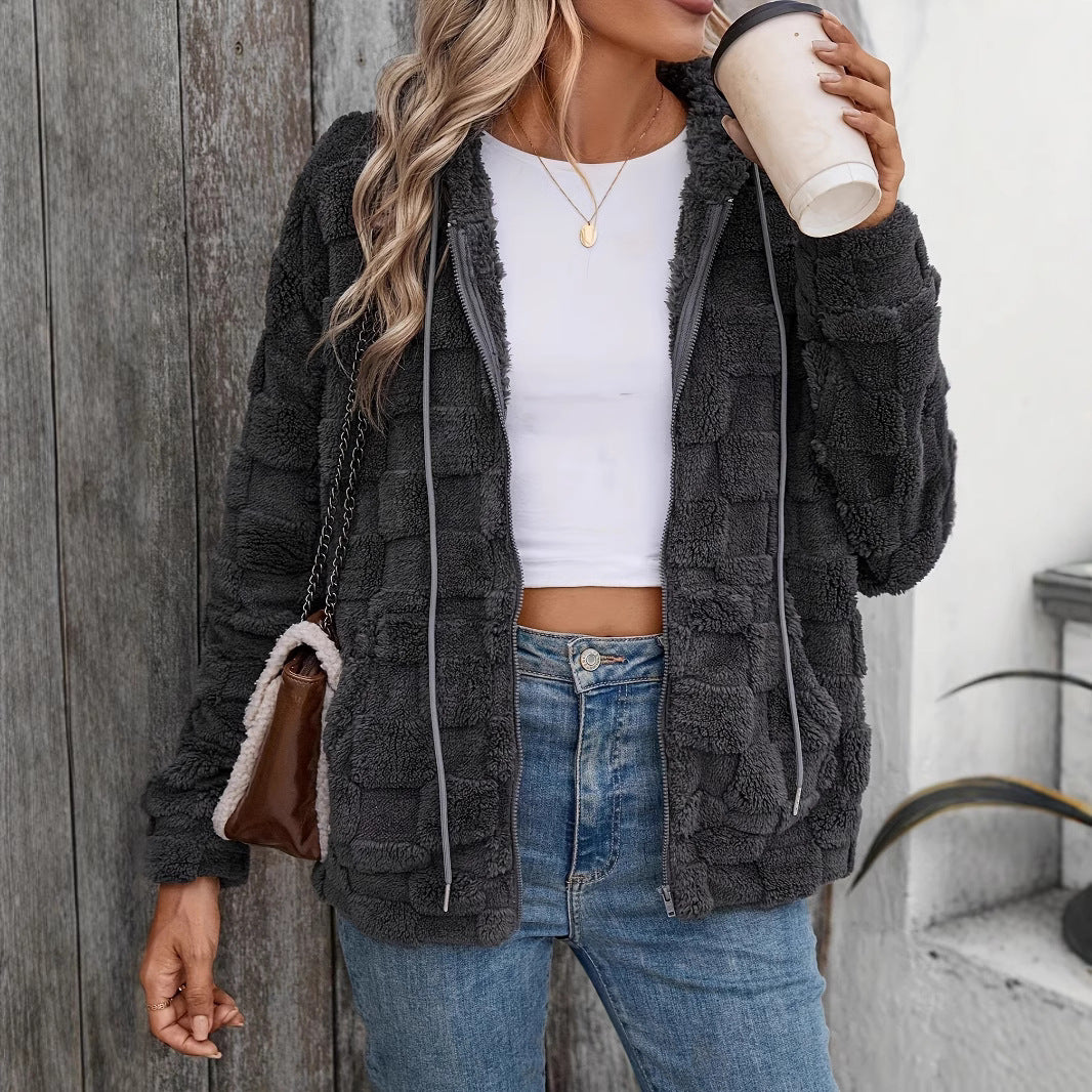 Women's Double-Sided Plush Zip-Up Hooded Cardigan Casual Jacket