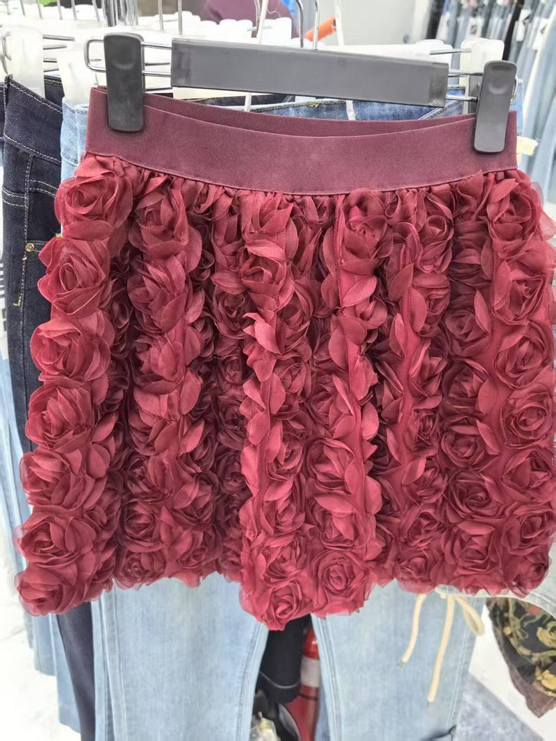 White High-waisted Three-dimensional Rose-decorated Feminine Skirt