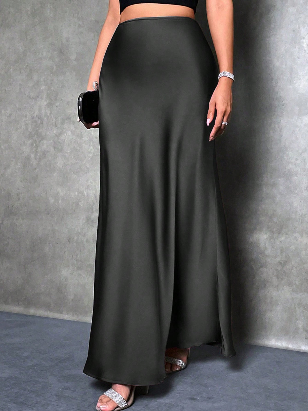 Womens Solid-color High-waisted Satin Skirt