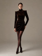 Dark Brown Velvet Turtleneck Ruched Mini Cocktail Dress
