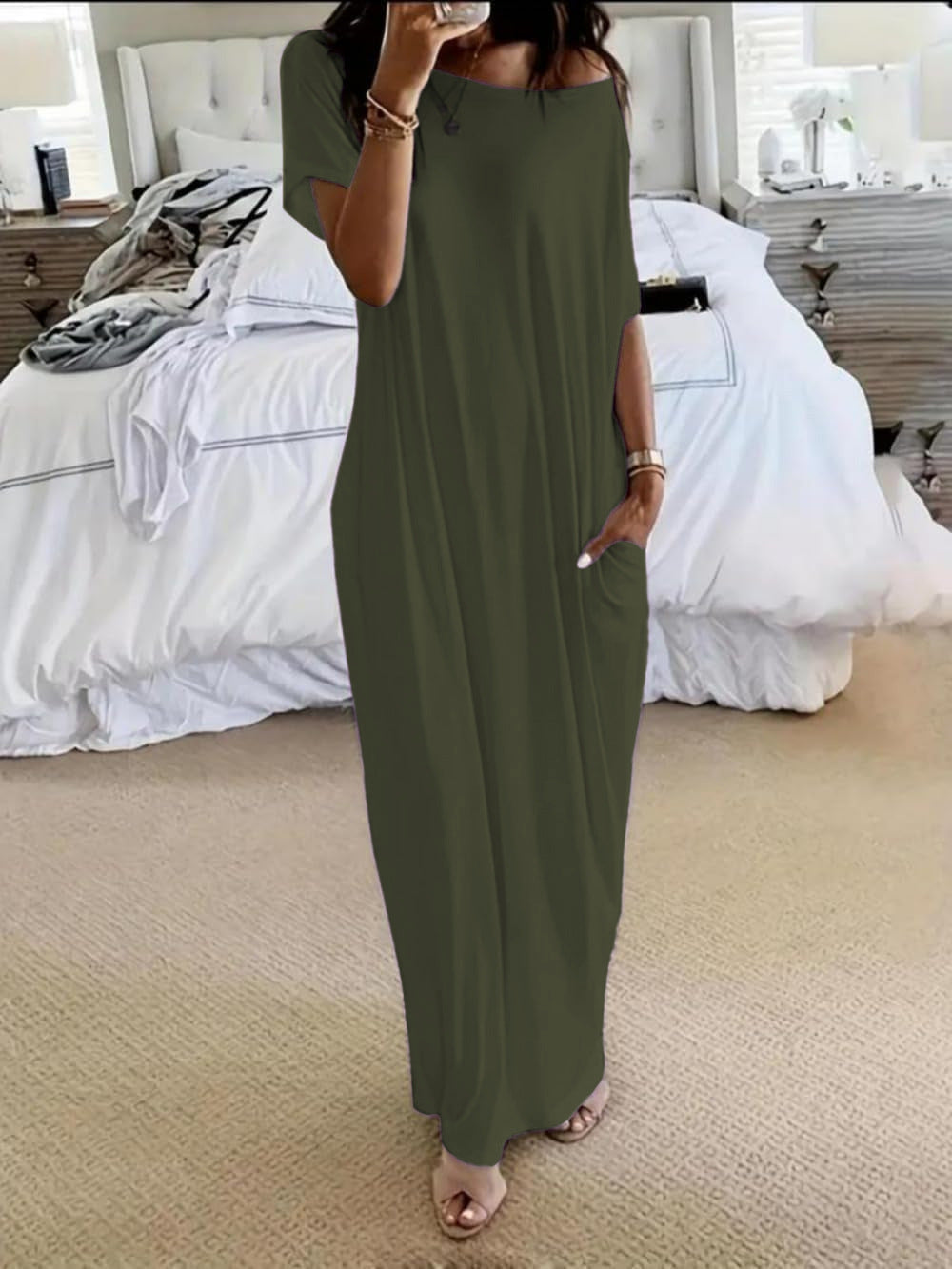 Trendy New Summer Women's Solid Color Short Sleeve Long Casual Dress