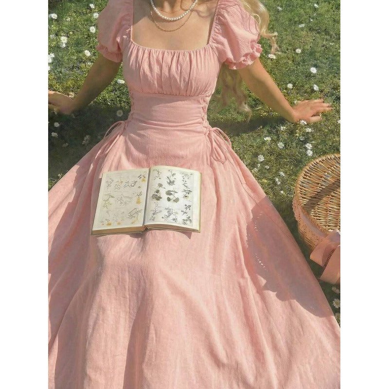 Womens Solid-color Puff-sleeve Waist-cinching Slimming Dress With Tie Detail