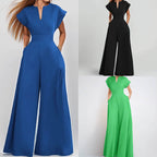 Summer New Style Cross-Border European And American Foreign Trade Women's Clothing Fashionable Commuter V-Neck Waist-Cinching Solid Color Wide-Leg Jumpsuit