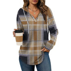 Vintage Plaid V-Neck Hooded Long-Sleeved Shirt For Women Casual Drawstring Plaid Top