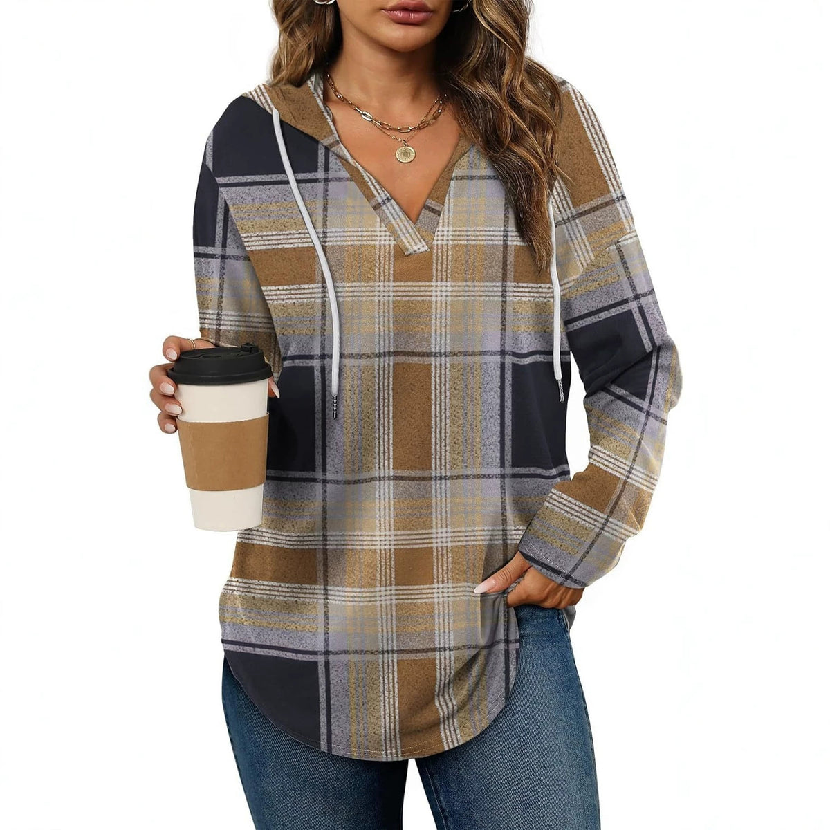 Vintage Plaid V-Neck Hooded Long-Sleeved Shirt For Women Casual Drawstring Plaid Top