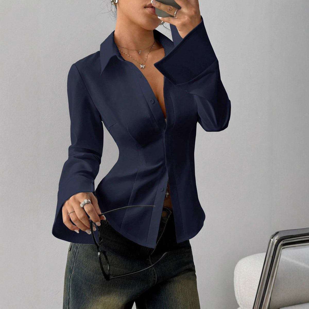 European And American Cross-Border Aliexpress Women's Fashion Slim Long-Sleeved Solid Color Shirt