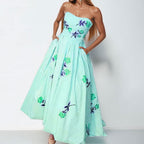New Summer Women's Clothing European And American Style Printed Dress Elegant High-Waisted Flared Strapless Gown Long Dress