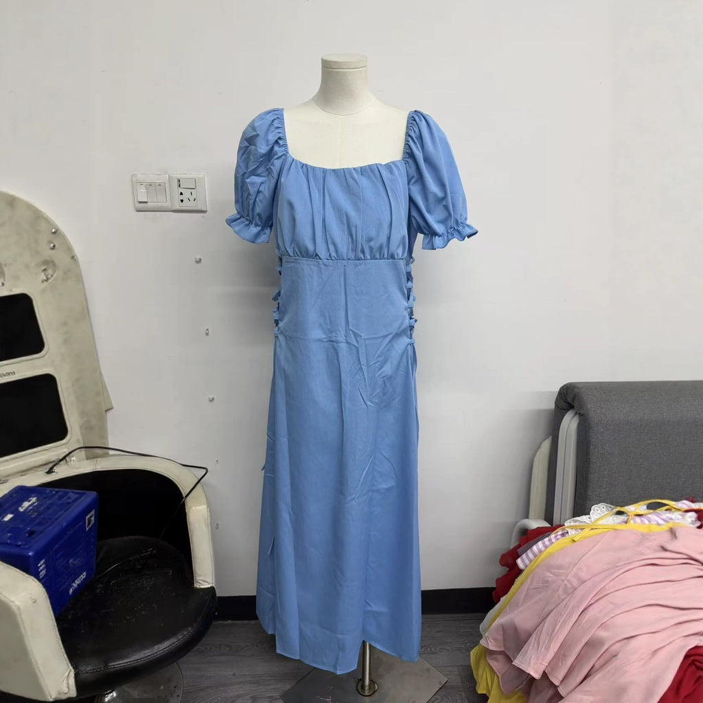Womens Solid-color Puff-sleeve Waist-cinching Slimming Dress With Tie Detail