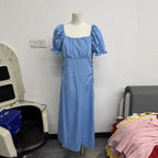 Womens Solid-color Puff-sleeve Waist-cinching Slimming Dress With Tie Detail