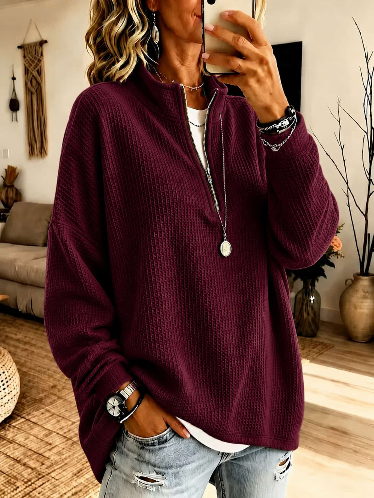 Womens Zip-up Half-neck Waffle-knit Hoodie Loose-fit Top